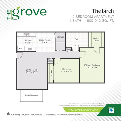 Floor plan for 2 beds, 1 bath, 912 sqft